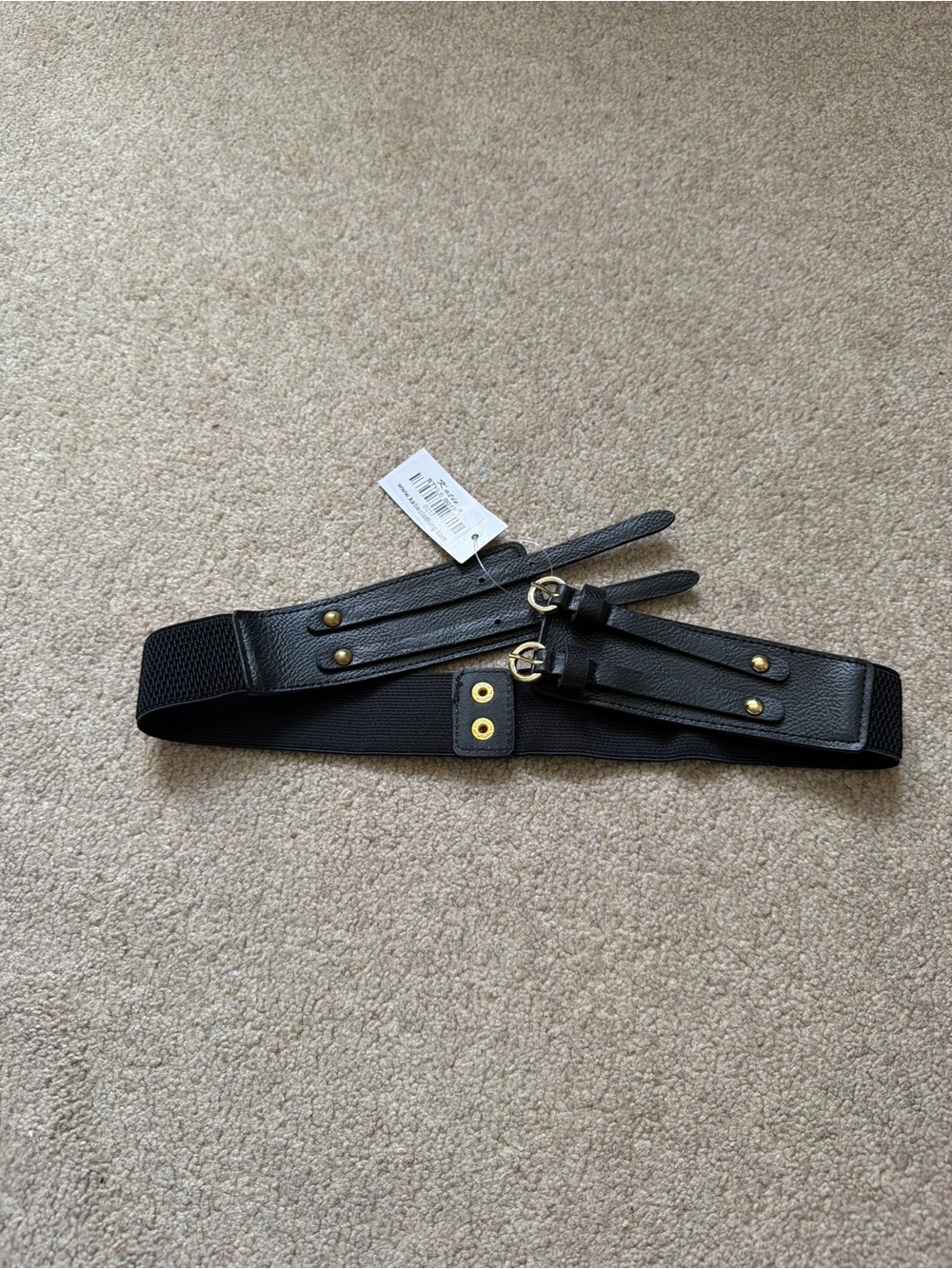 Katies Black Wide Stretch Waist Belt Gold Double Buckle Faux Leather NWT